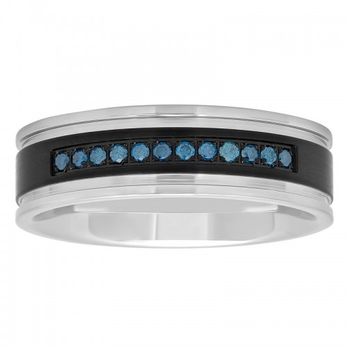 .15 CTW Blue Diamond Stainless Steel Black Finish Grooved 7MM Band